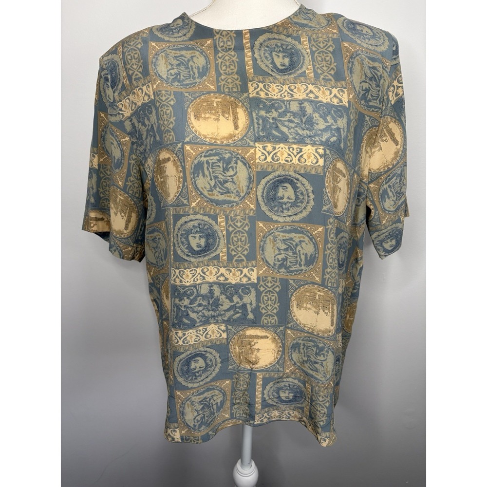 VTG Christie & Jill 100% Silk Short Sleeve Blouse Women's Large Gold Greek